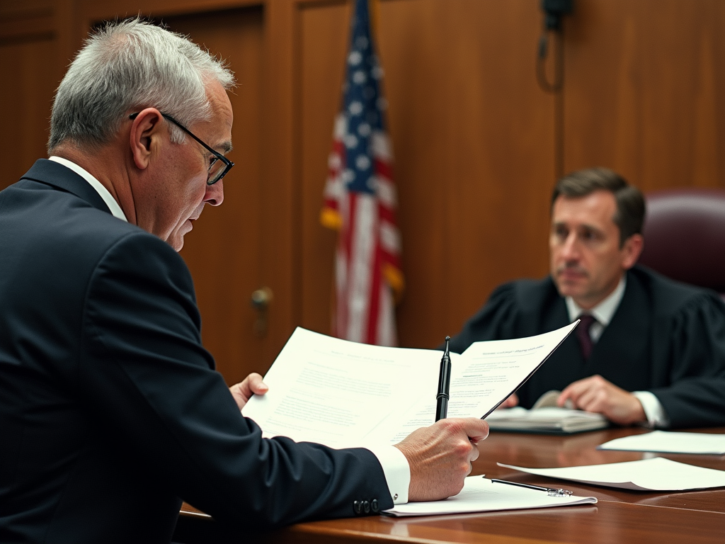 Judge reviewing ART legal documents in court
