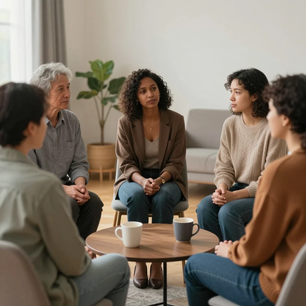 A support group sharing stories in a welcoming circle
