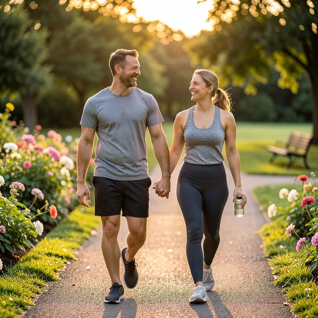 Supportive couple enjoying a relaxing walk to reduce stress while undergoing fertility treatments