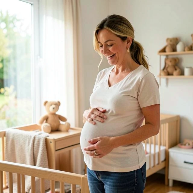 Pregnant woman preparing nursery after successful fertility treatment
