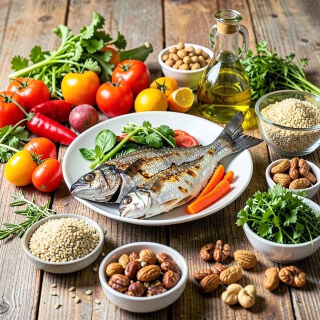 Healthy Mediterranean diet plate with fresh ingredients to support IVF success