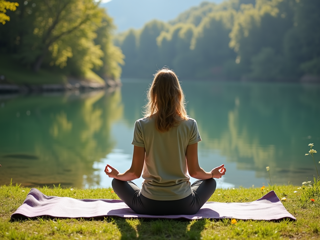 A serene setting with a person meditating on a yoga mat by a calm lake.