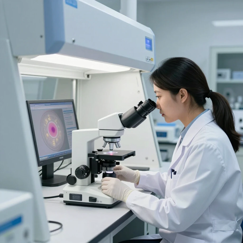 Embryologist examining embryos in a state-of-the-art IVF laboratory