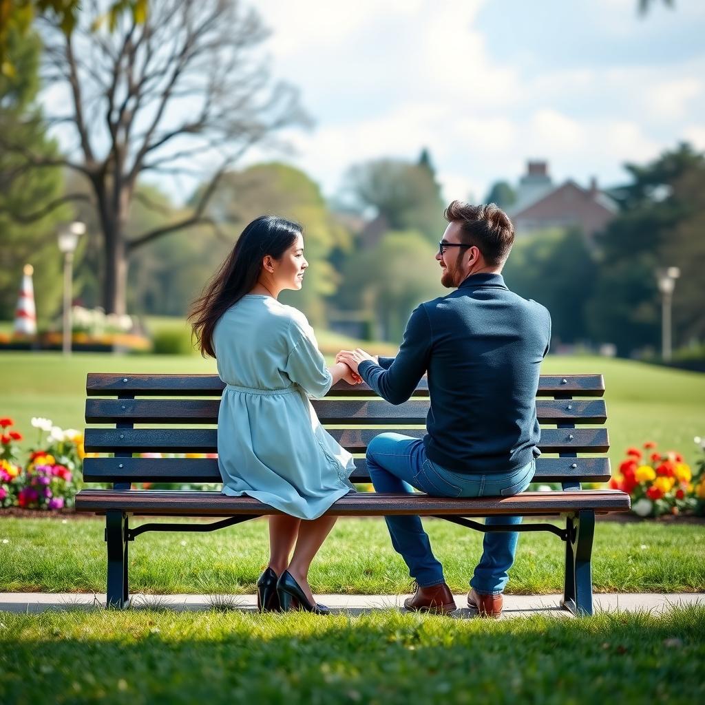 A couple holding hands and talking on a park bench in a serene park setting.