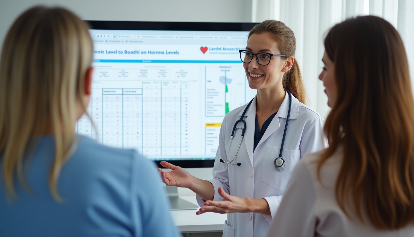 Image showing a hormone level chart being explained by a nurse.