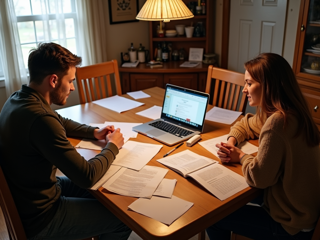 Couple planning finances at home