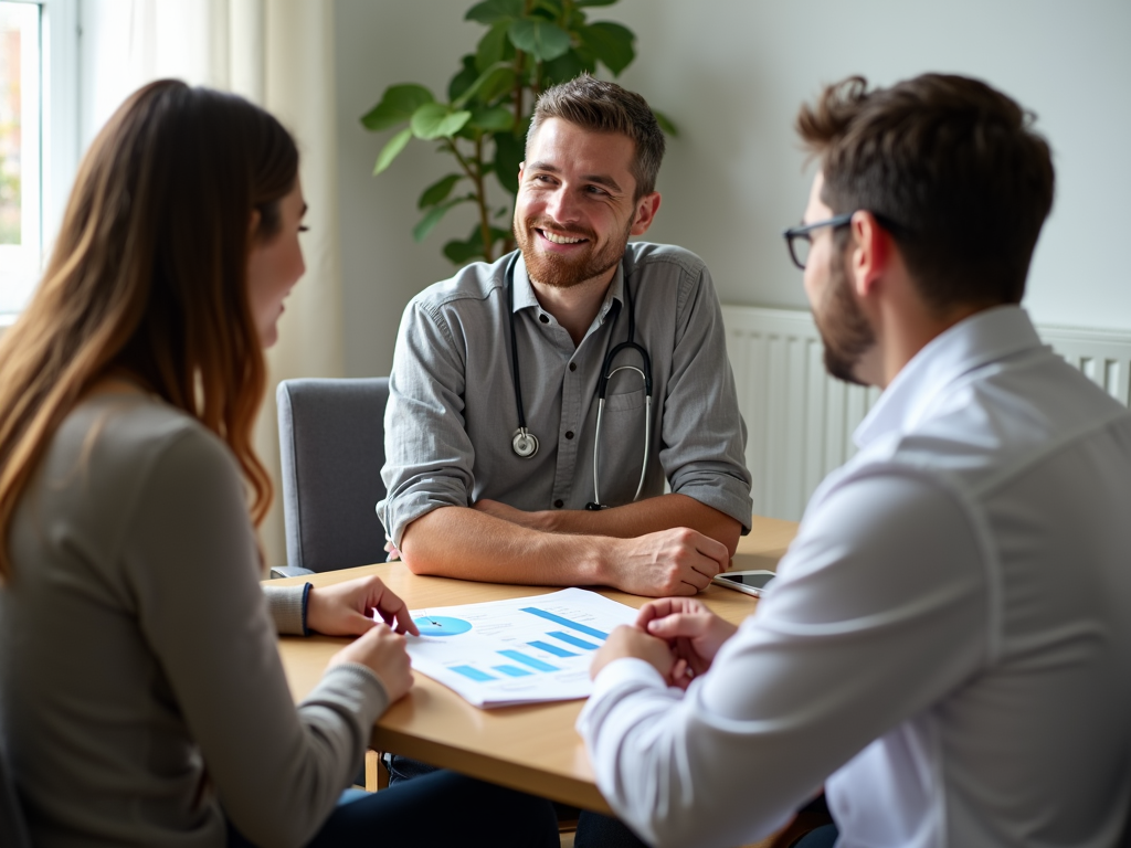 Couple talking to a doctor about fertility drugs and multiple births.