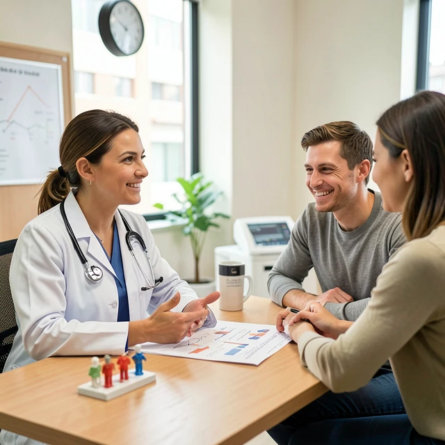 Doctor consulting with couple in fertility clinic
