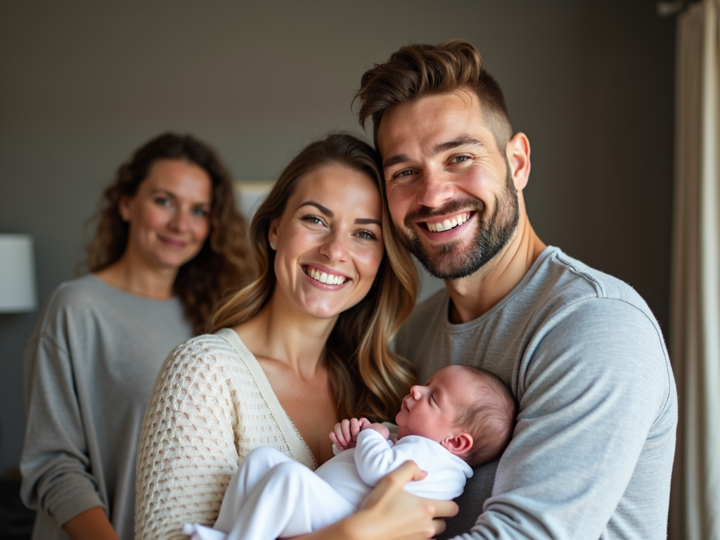 Same-sex couple with newborn and surrogate mother