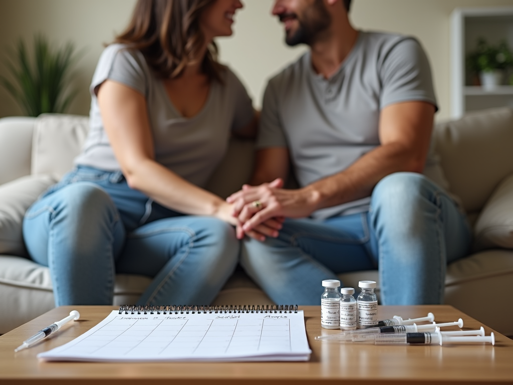 Couple supporting each other while managing IVF medications.