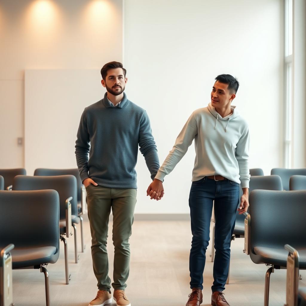 Couple holding hands in a fertility clinic waiting room
