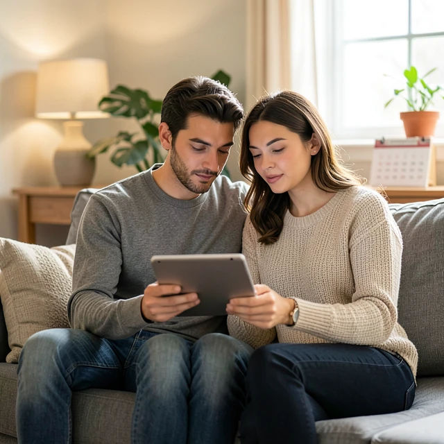 Couple researching IVF options together at home