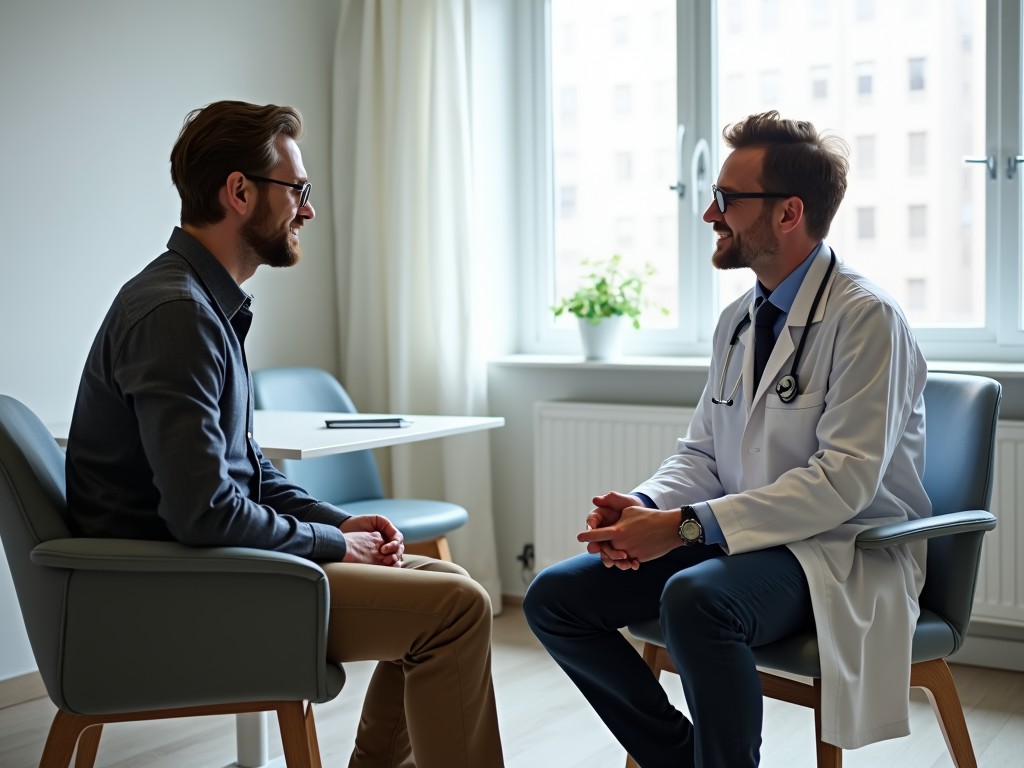 A man and a doctor in a consultation room discussing health plans.
