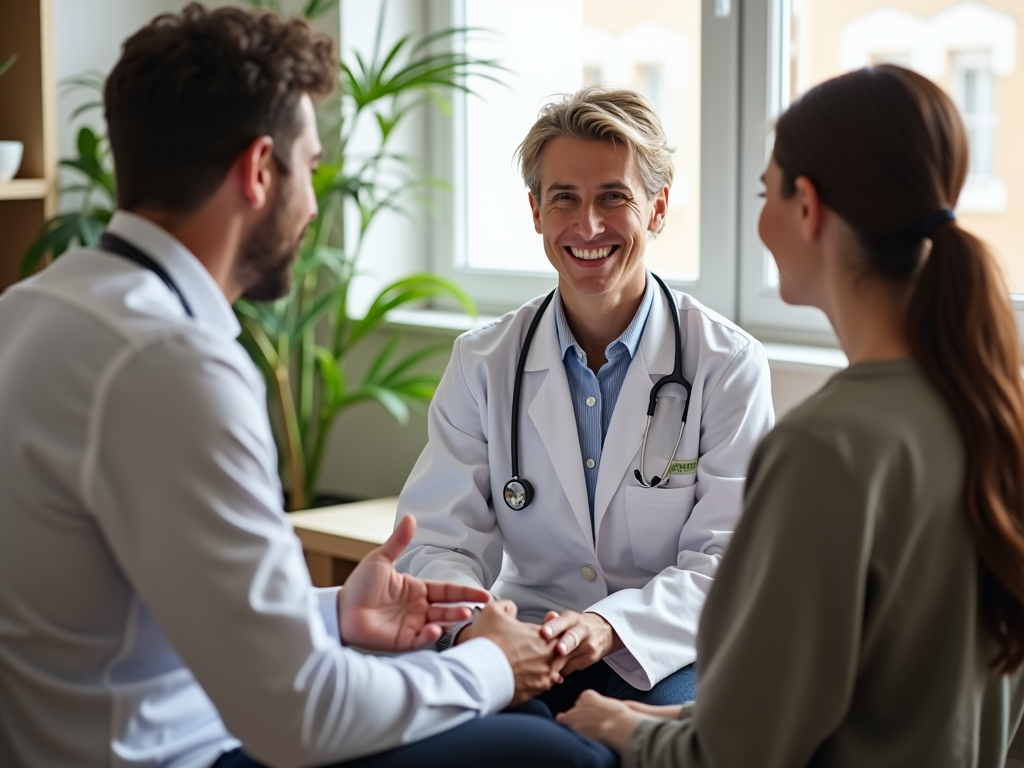 Doctor discussing fertility treatments with a couple in a clinic.