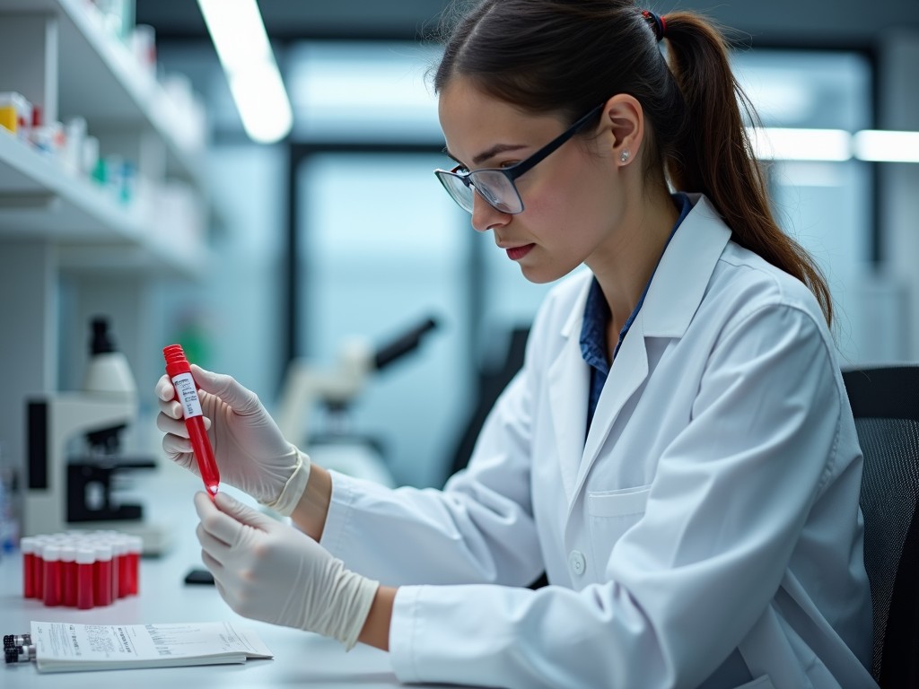 A lab technician analyzing a blood sample for fertility tests.