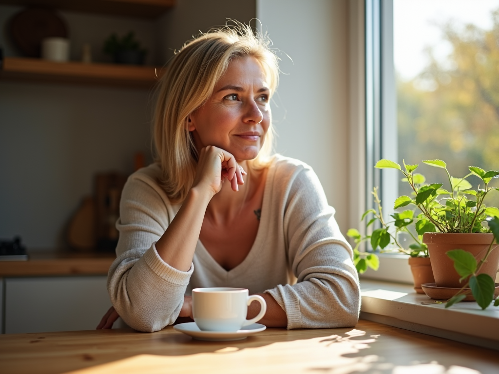 Woman in her late 30s drinking tea thoughtfully at a kitchen table with sunlight in the background.