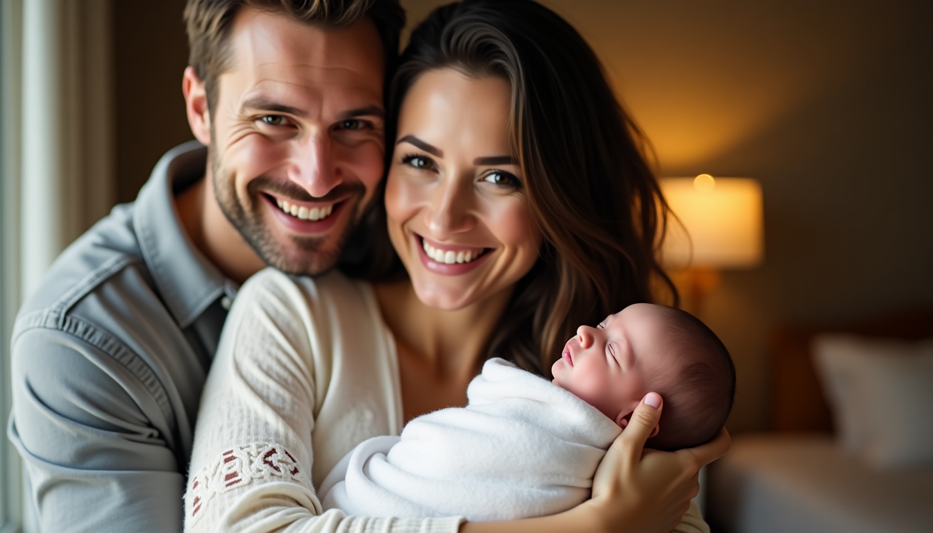 An emotional couple holding their newborn baby, symbolizing the success and joy following their fertility treatment journey.
