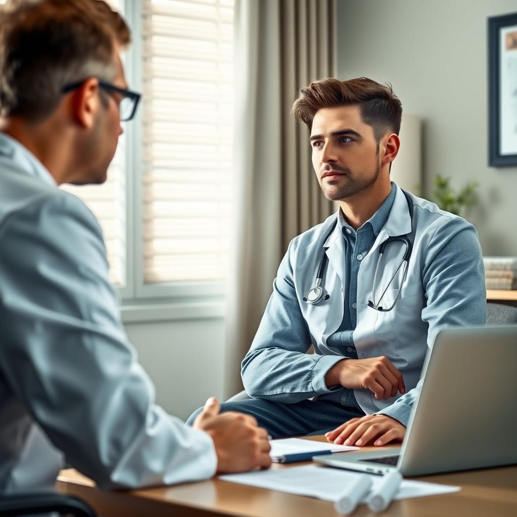 Young man discussing fertility preservation with a doctor in a cozy office