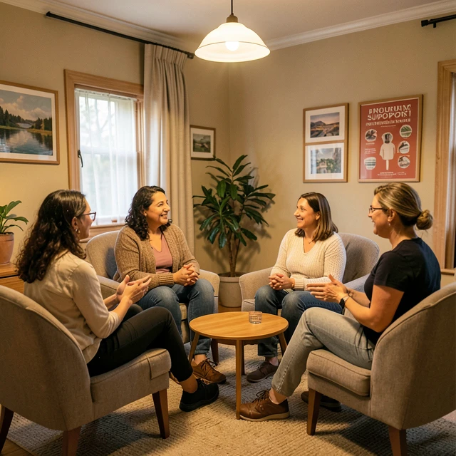 Support group discussing infertility emotions and resources