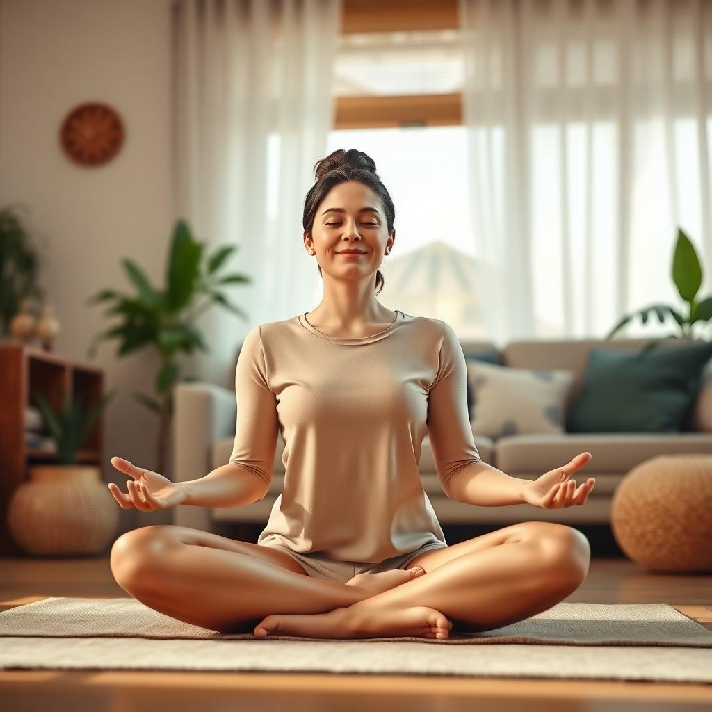 A woman practices deep breathing in a cozy, sunlit room with plants.
