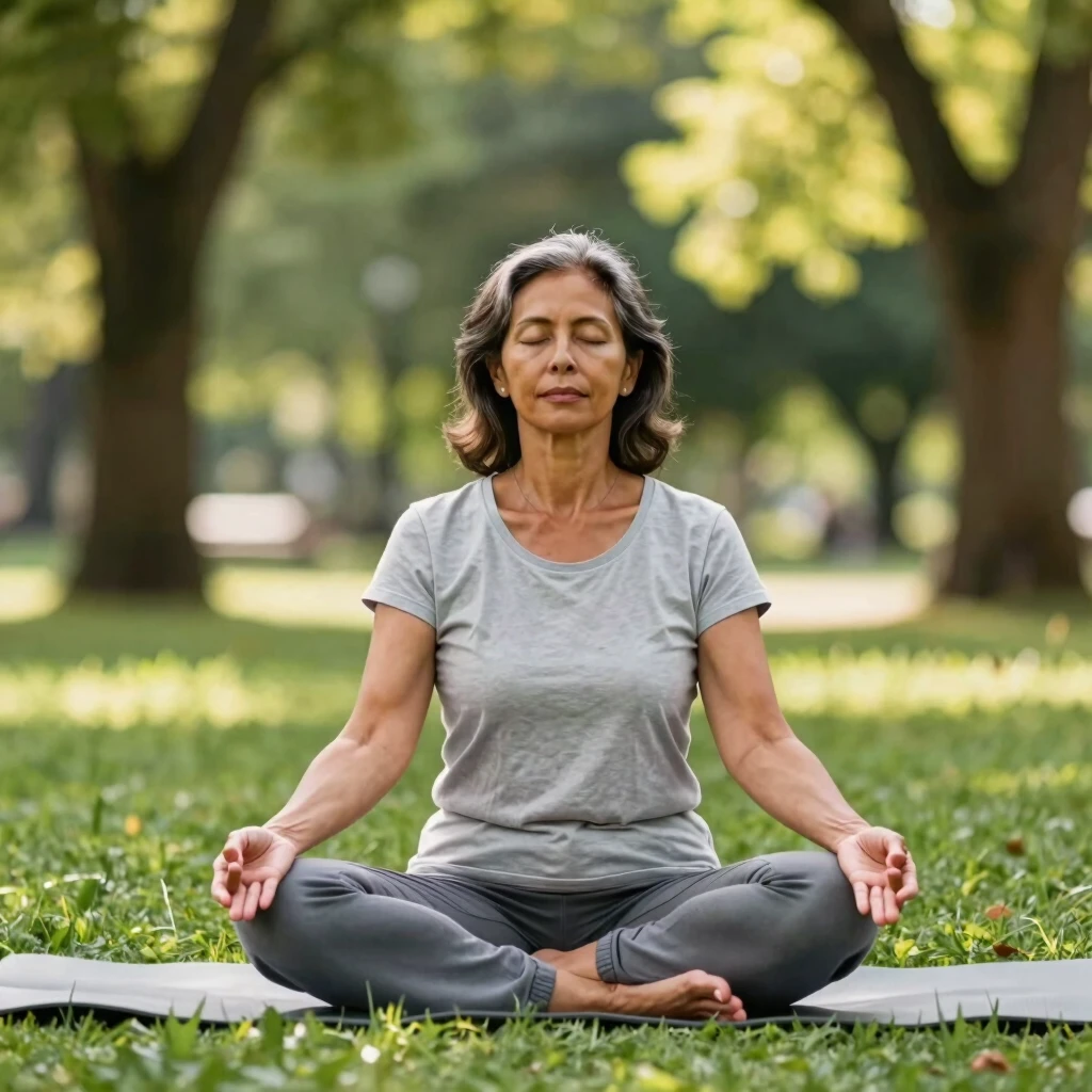 A woman practicing mindfulness meditation in a peaceful park, finding inner calm