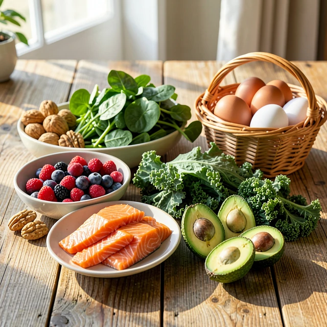 Colorful assortment of superfoods like salmon, berries, nuts, greens, avocado, and eggs arranged on a wooden table