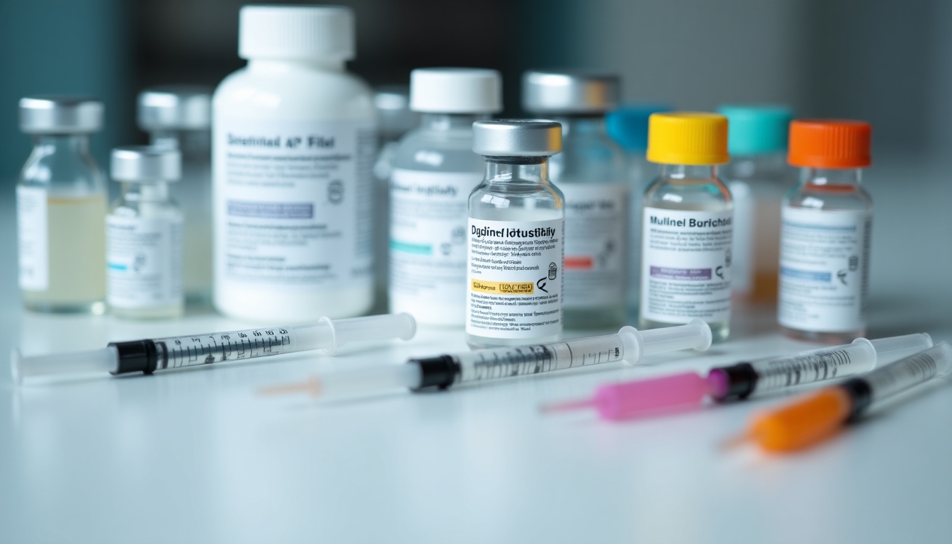 Detailed depiction of IVF medications laid out on a table.