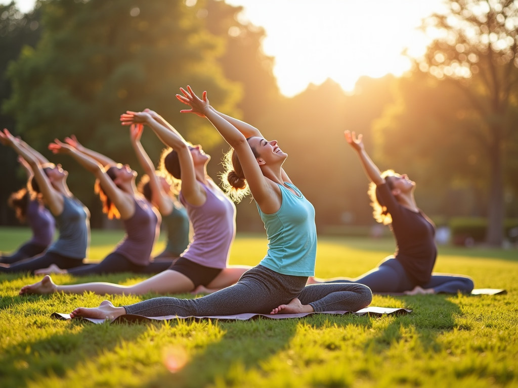 People practicing yoga in a park.