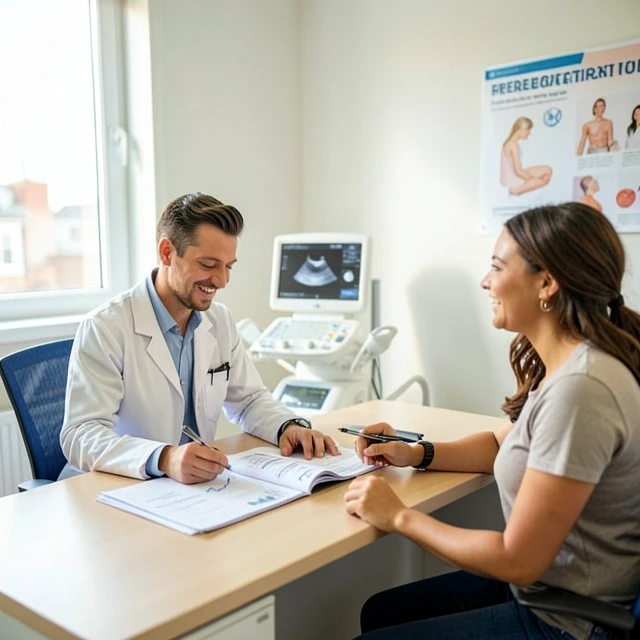 Reproductive endocrinologist consulting with a couple in a fertility clinic