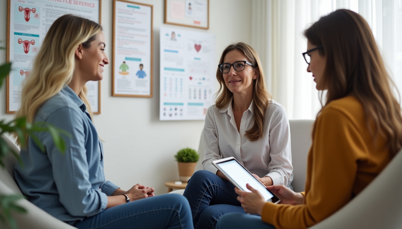A couple discussing options with a fertility specialist, highlighting discussions around assisted reproductive technologies.
