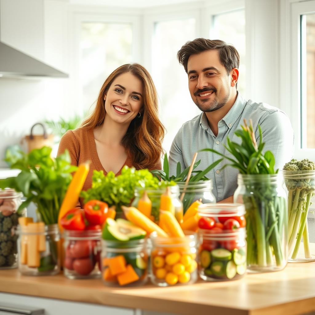 Couple with organic produce in a bright kitchen