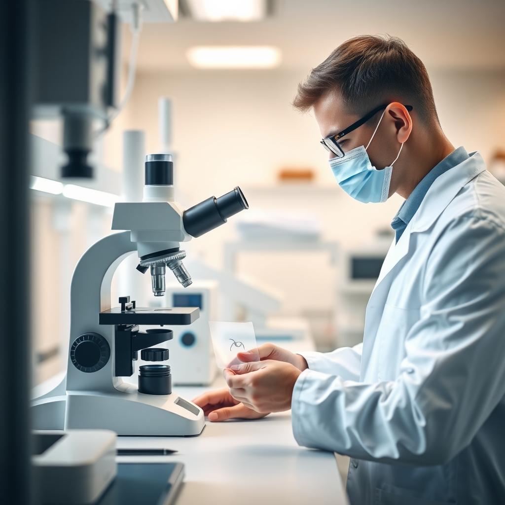 Technician examining a sperm sample in a medical lab