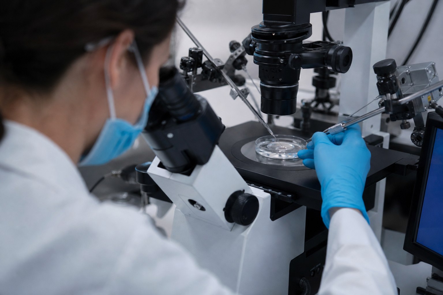 Embryologist checking a single embryo in the lab