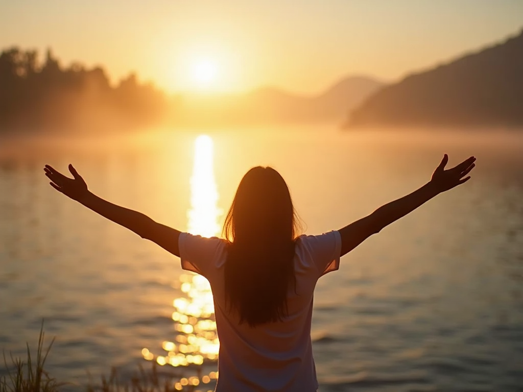 Person embracing hope at sunrise