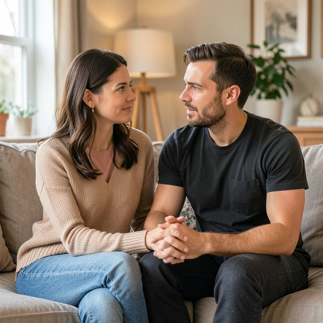 Couple discussing intimate relationship challenges with empathy and support