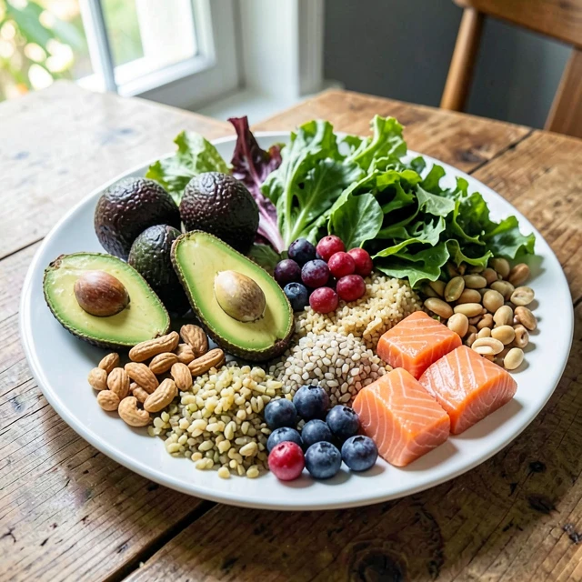 Plate of healthy foods that support fertility