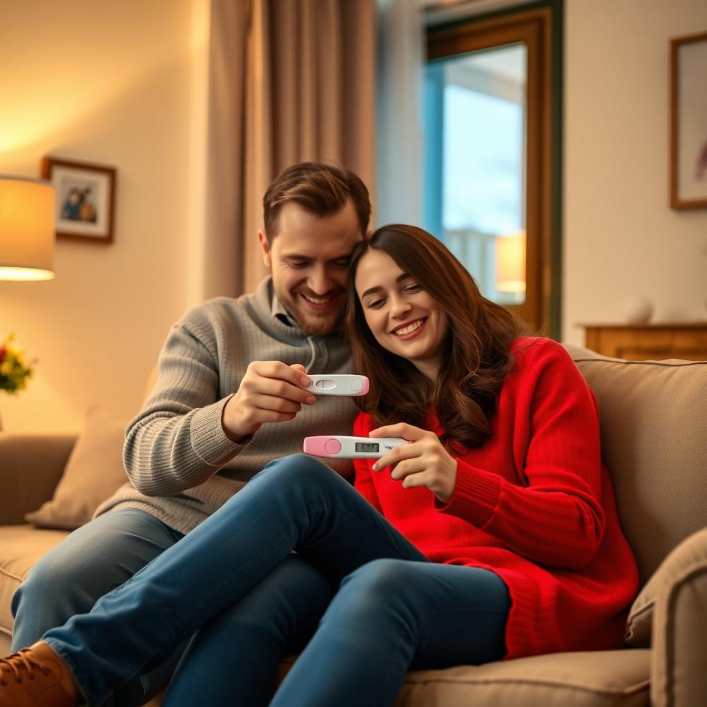 A couple celebrating a positive pregnancy test in their living room.
