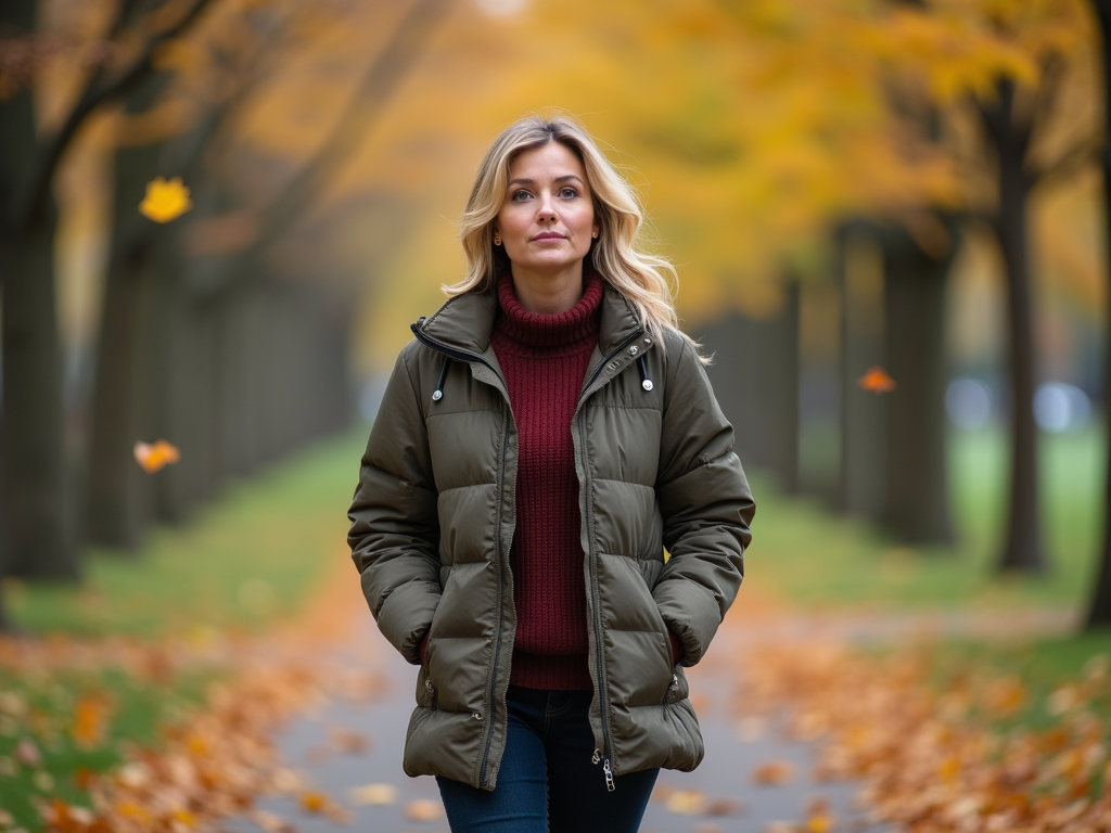 Woman in her late 30s walking thoughtfully in a park with falling autumn leaves.