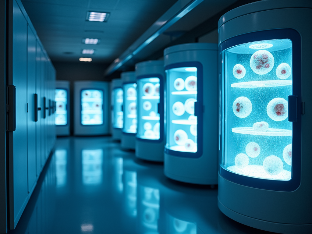 Liquid nitrogen tanks storing frozen embryos in a lab.