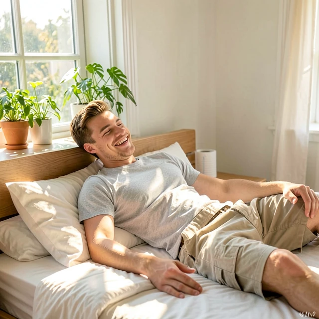 Man waking refreshed after quality sleep to improve sperm quality and fertility