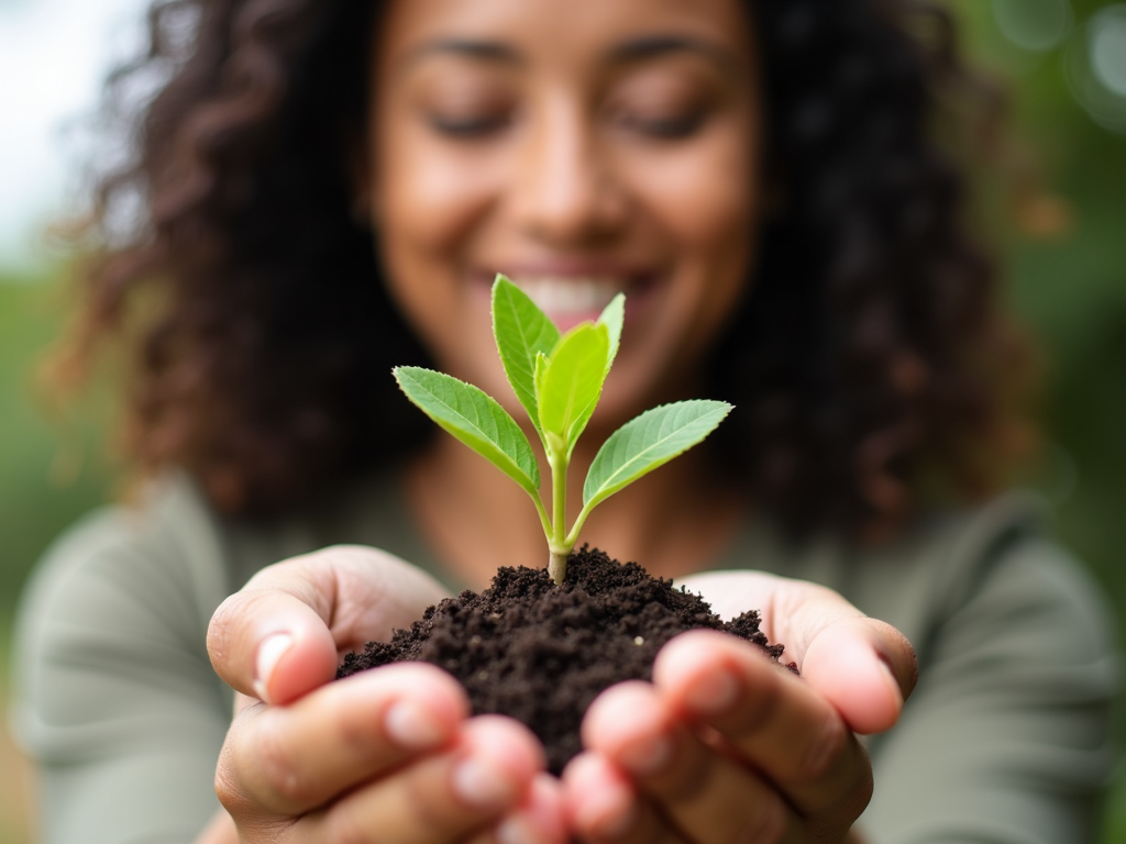 Woman holding a small plant, symbolizing fertility