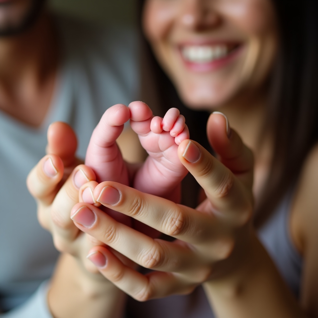 A close-up of Sarah and John gently holding their baby's tiny hand, symbolizing new beginnings and success.