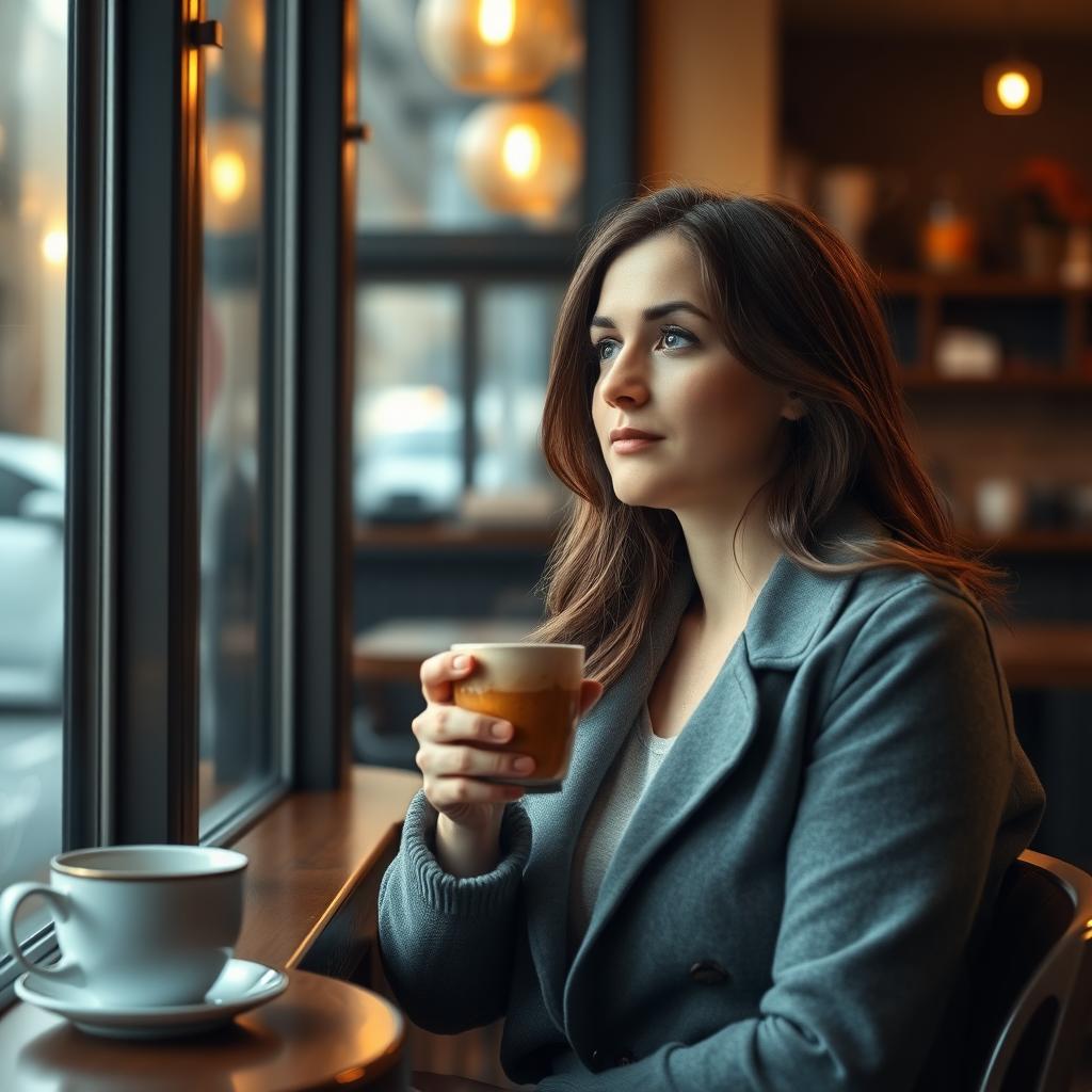 A woman reflecting on fertility preservation while sitting in a cozy coffee shop.