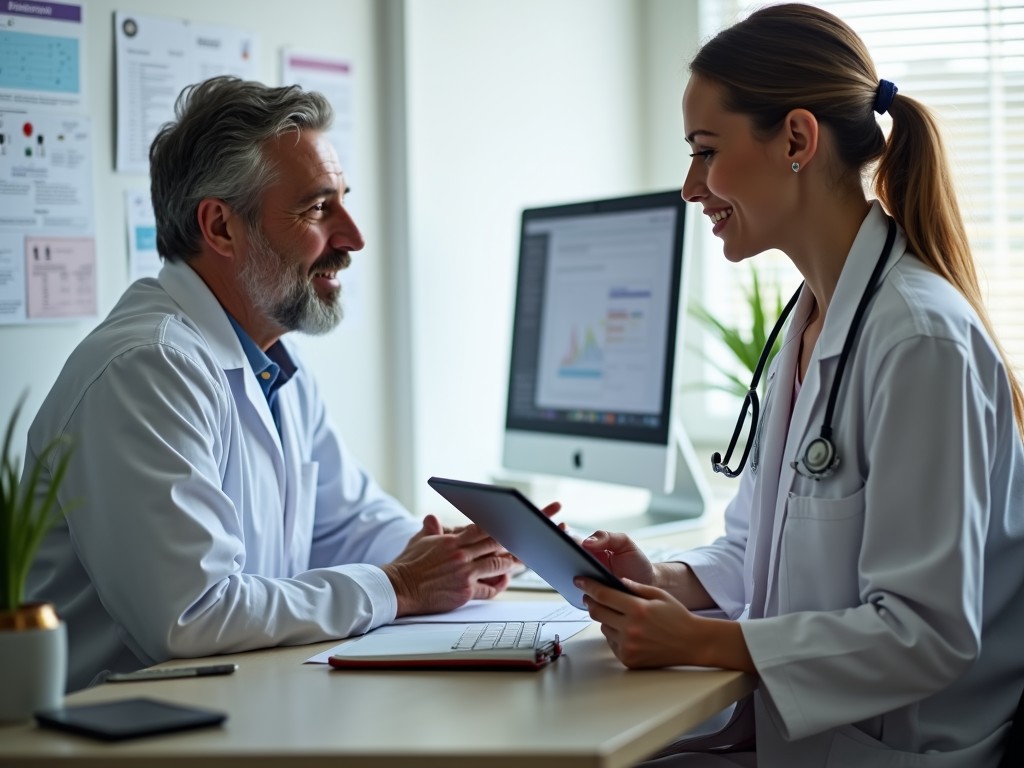 A doctor discussing treatment options with a patient in an office setting.