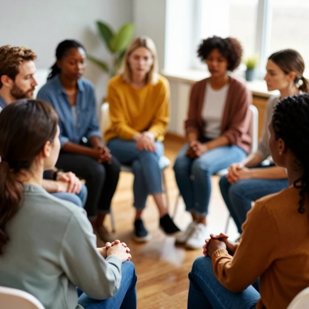Group of people in a support circle discussing infertility experiences