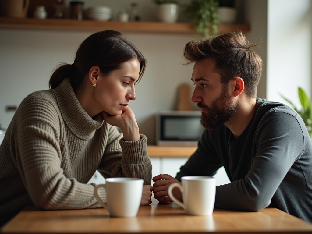 Couple talking at kitchen table