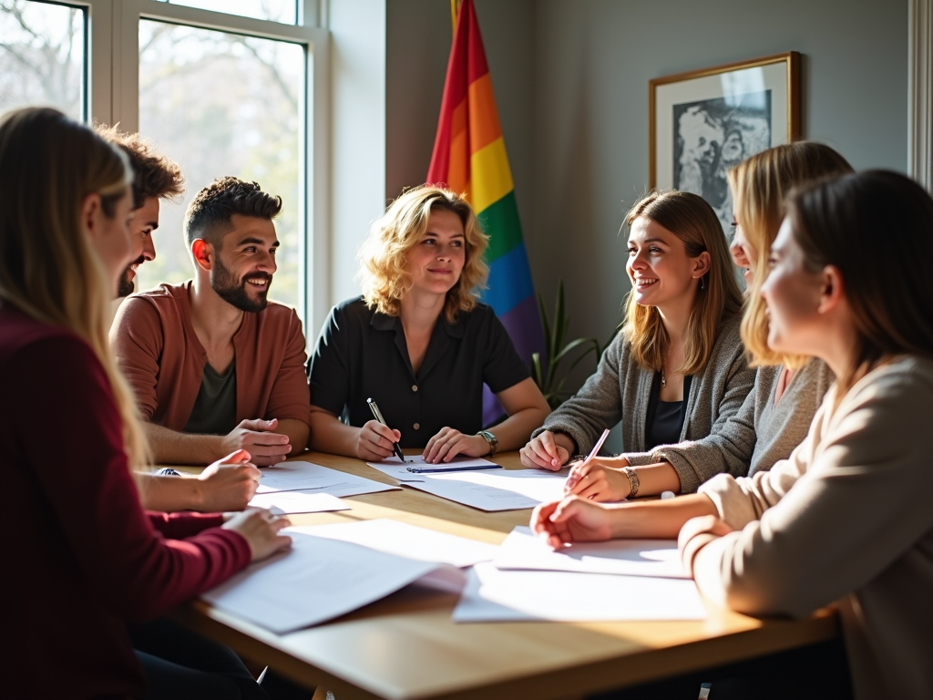 Group discussing fertility planning with a lawyer in an inclusive setting.