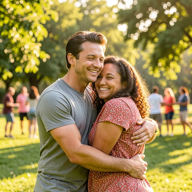 Hopeful couple embracing after finding support during infertility journey