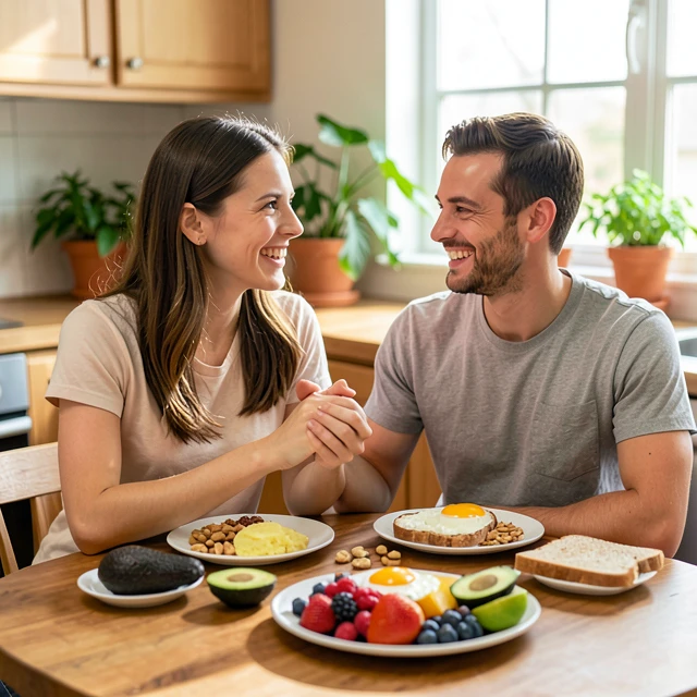 Couple enjoying a fertility-boosting breakfast together