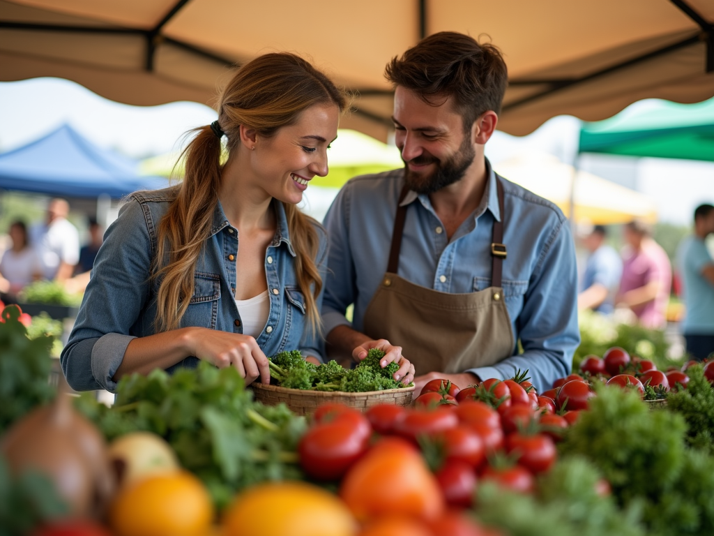 A couple picking out colorful fruits and veggies at an outdoor farmers’ market